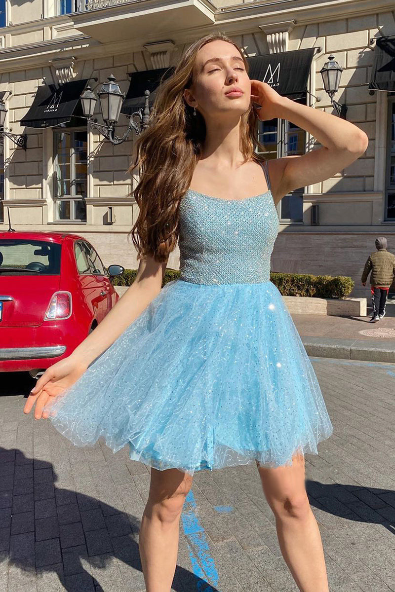 sky blue sequin styles lace delicate beading bodice short homecoming dress