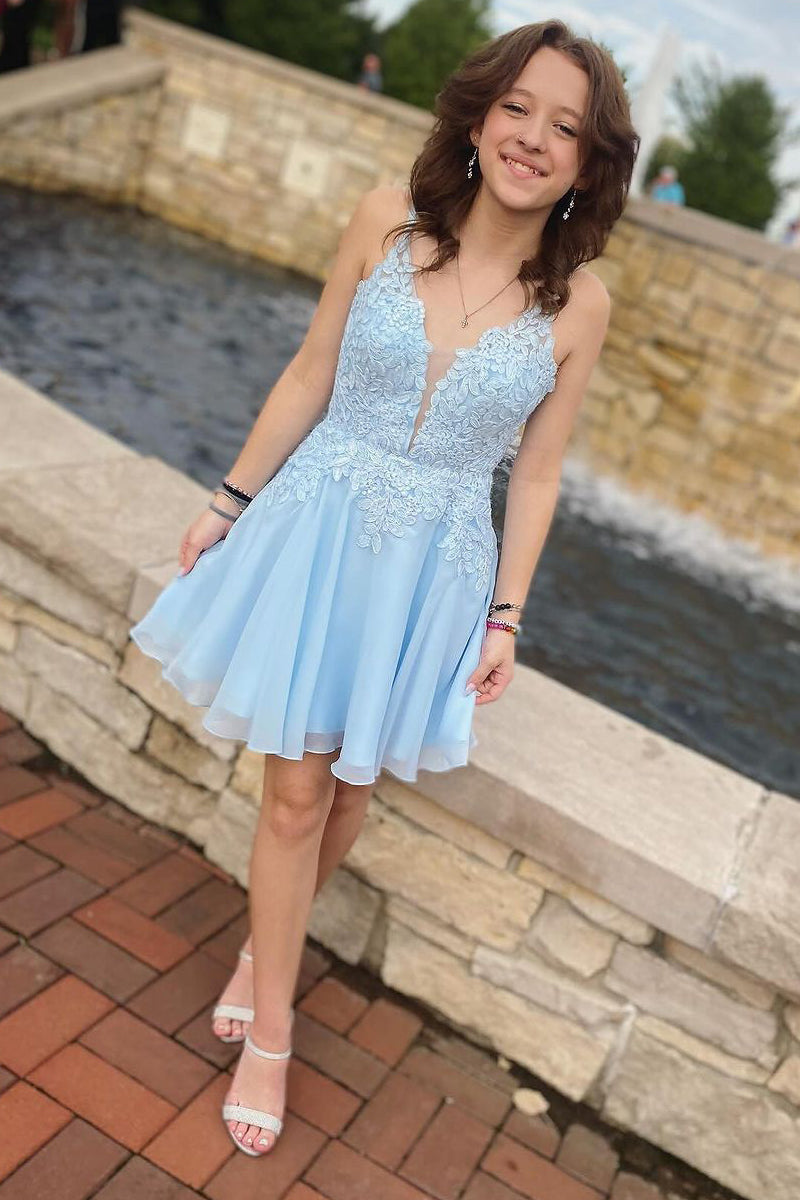 sky bluesexy v neck tulle short homecoming dresses with delicate appliques