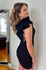 sparkly black tight fitting short homecoming dress with slit