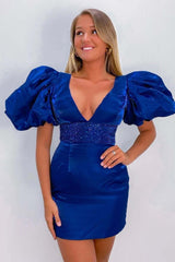 sparkly cute puff sleeves tight fitting short homecoming dress with beading