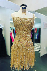 sparkly sheath shoulder straps gold short homecoming dress with tassel