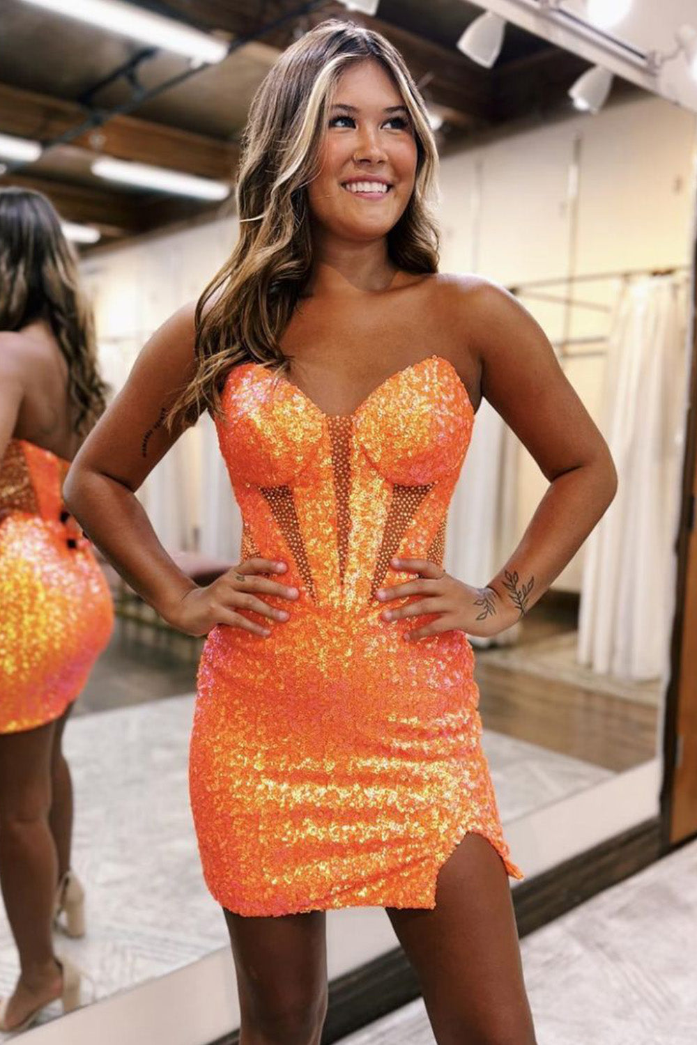 sparkly strapless bandeau version bodycon sequin style short homecoming dress with slit