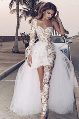 White Wedding Dress Tulle One Shoulder Long Sleeves Bridal Dress With Panel Train