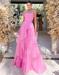 Dressystars Girly Pink Strapless Organza A Line Prom Dress