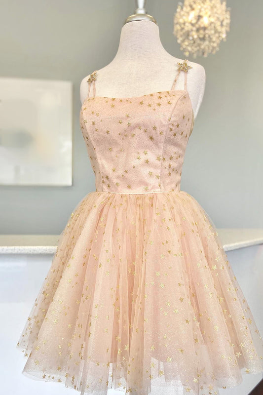 straps champagne a line tulle homecoming dress with gold stars