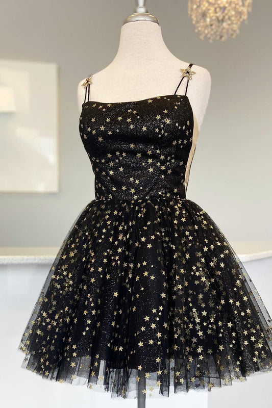 straps champagne a line tulle homecoming dress with gold stars