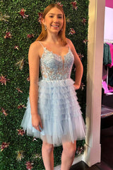 straps sky blue sexy corset a line ruffle homecoming dress