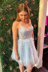 straps sky blue sexy corset a line ruffle homecoming dress