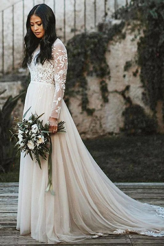 Long Sleeves A Line Wedding Dress Lace Chiffon Bridal Gown