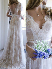 A Line Beach Wedding Dress V Neck Lace Short Sleeves Boho Bridal Gown