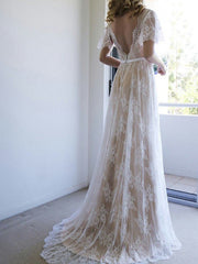 A Line Beach Wedding Dress V Neck Lace Short Sleeves Boho Bridal Gown