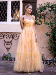 Chic Sweetheart Collar Neck Floor Length Tulle Material Embroidery Floral Prom Dress