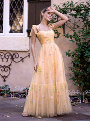 Chic Sweetheart Collar Neck Floor Length Tulle Material Embroidery Floral Prom Dress