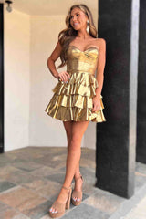 heart shaped gold metallic a line ruffle homecoming dress