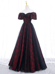 A-Line Tulle Lace Black/Burgundy Long Prom Dress Black/Burgundy Long Formal Dress