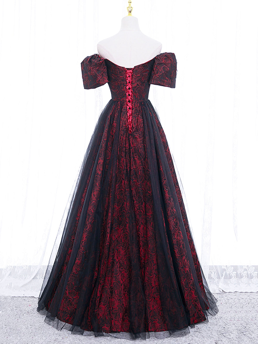 A-Line Tulle Lace Black/Burgundy Long Prom Dress Black/Burgundy Long Formal Dress