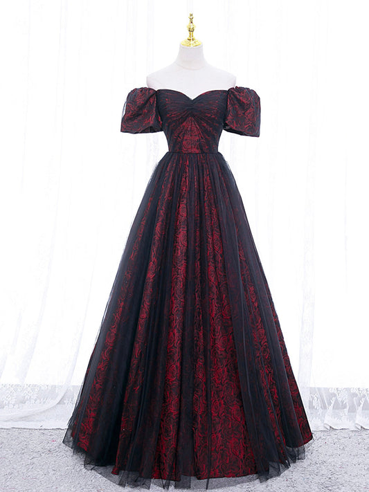 A-Line Tulle Lace Black/Burgundy Long Prom Dress Black/Burgundy Long Formal Dress