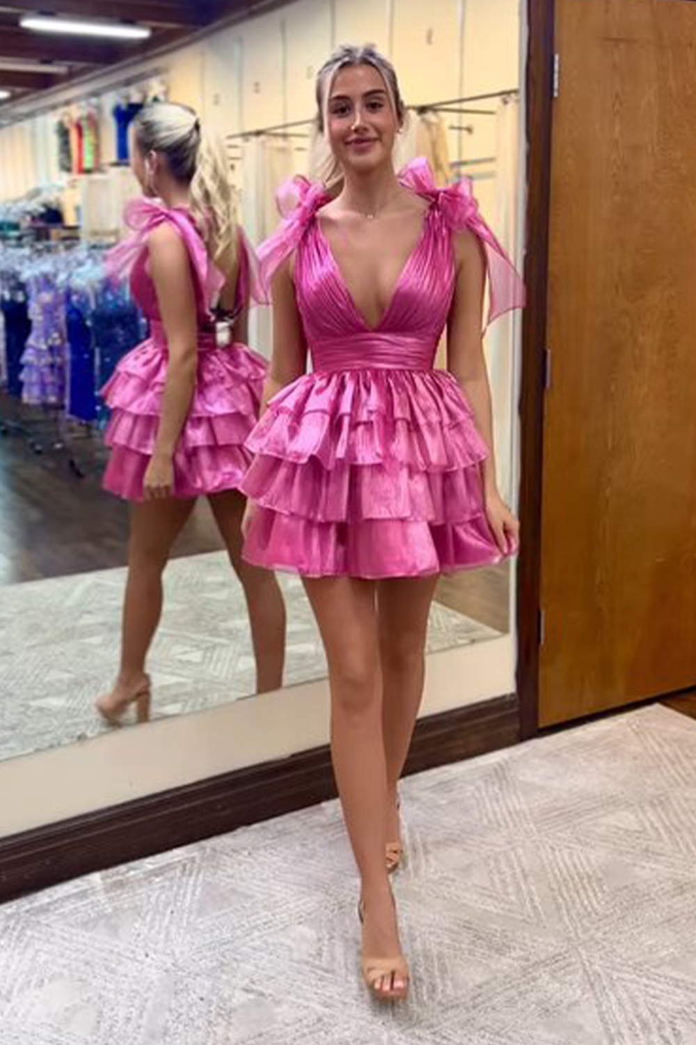 trendy girly pink a line hierarchical homecoming dress with bowknot