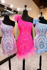 unique bodycon sexy one shoulder style hot girly pink sequin styles lace short homecoming dresses with chic feather style