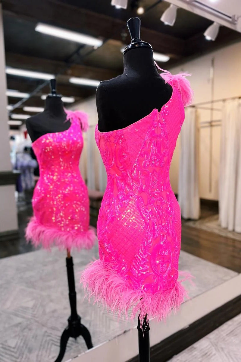 unique bodycon sexy one shoulder style hot girly pink sequin styles lace short homecoming dresses with chic feather style