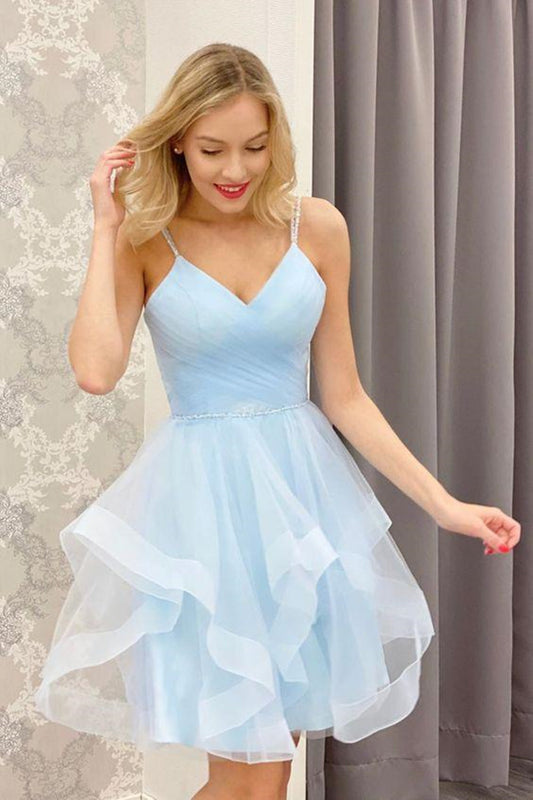 a linesexy v neck light blue short homecoming dresses