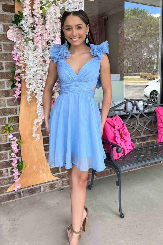 sexy v neck sky blue pleated a line party dress