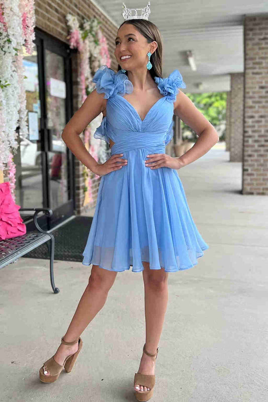 sexy v neck sky blue pleated a line party dress