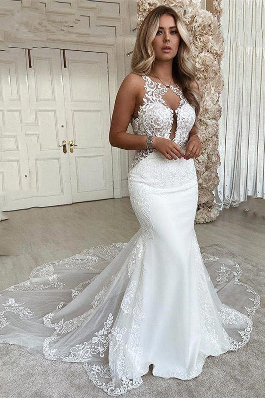 Ivory Mermaid Wedding Dress Lace Tulle Bridal Dress