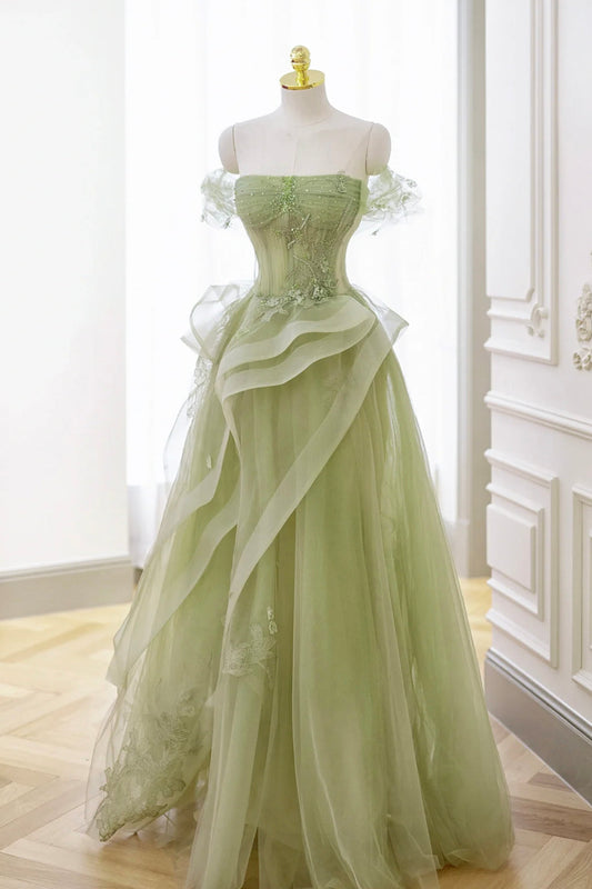 Nellie Dressystars  Green Tulle Material Lace Long Elegant Prom Dress with Sexy Corset, Green Formal Party Dress