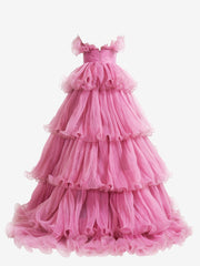 Dressystars A-Line Strapless Tiered Crinkled Tulle Material Prom Dress