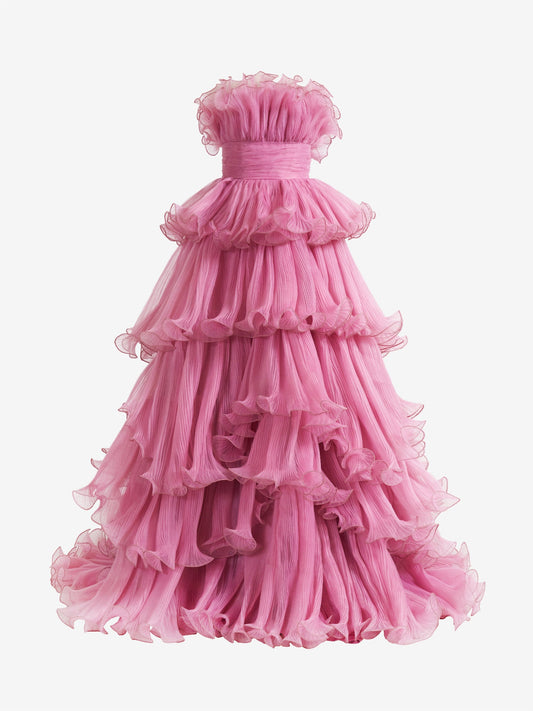 Girly Pink Strapless A-Line Tiered Crinkled Tulle Material Prom Dress