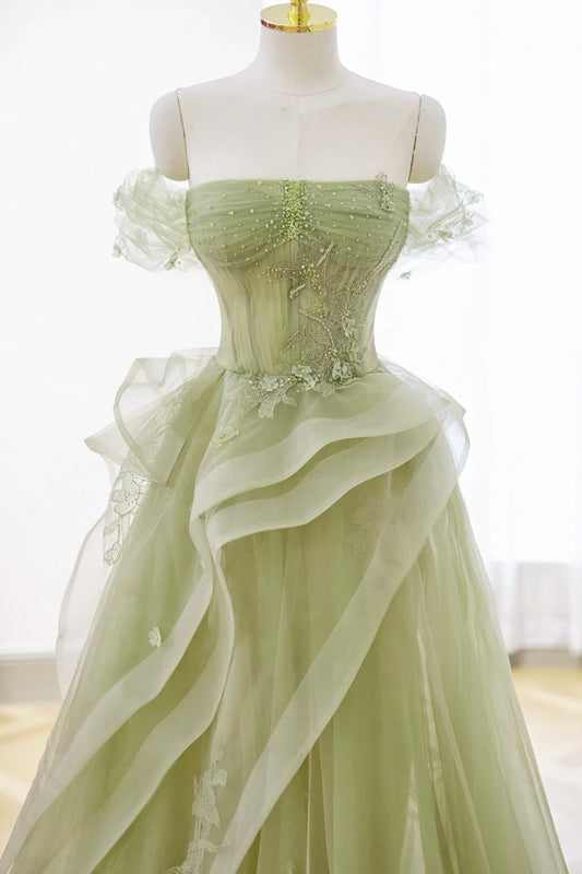 Nellie Dressystars  Green Tulle Material Lace Long Elegant Prom Dress with Sexy Corset, Green Formal Party Dress