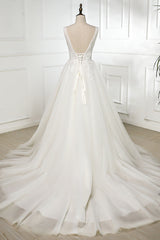 White V-Neck Lace Tulle Long Prom Dress Wedding Dress