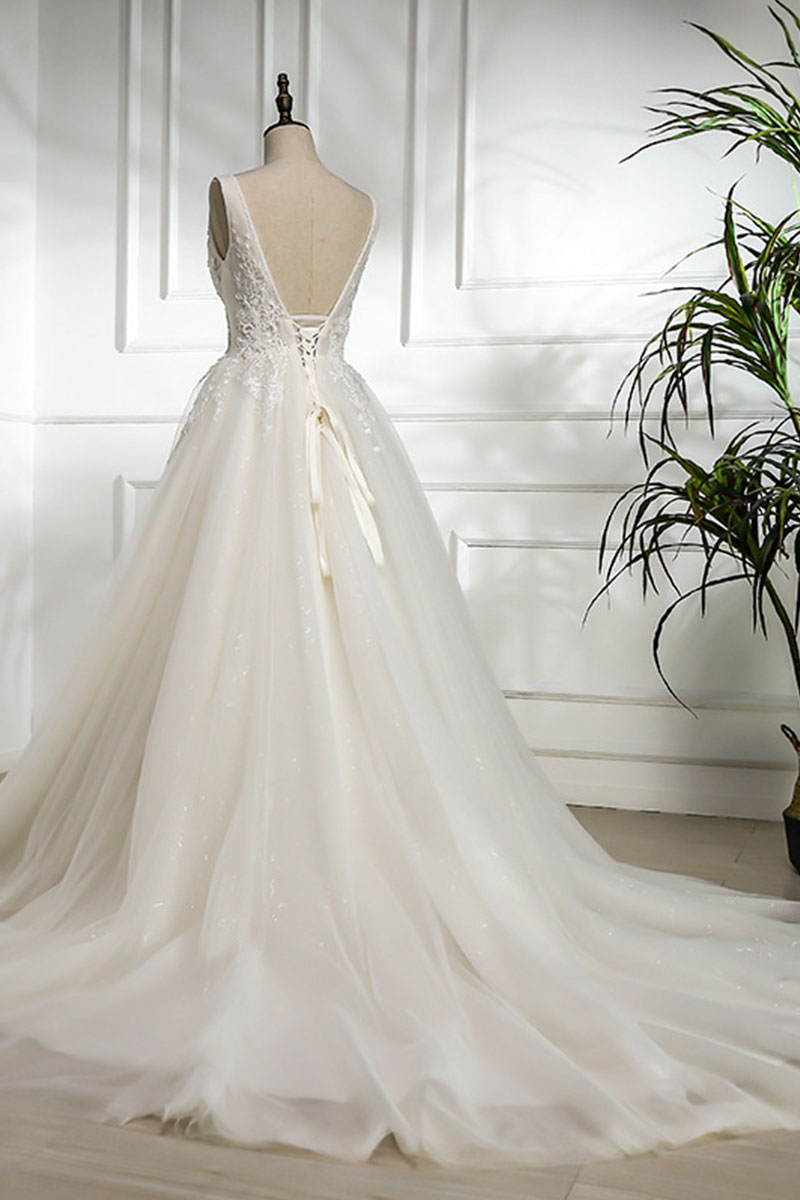 White V-Neck Lace Tulle Long Prom Dress Wedding Dress