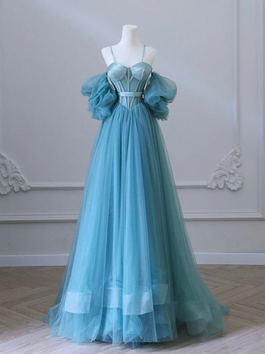 A-Line Sweetheart Neck Tulle Blue Long Prom Dress Blue Long Formal Dress