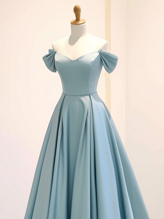 A-Line Off-Shoulder Satin Blue Long Prom Dress Blue Long Formal Dress