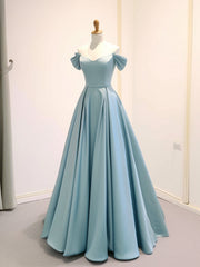 A-Line Off-Shoulder Satin Blue Long Prom Dress Blue Long Formal Dress