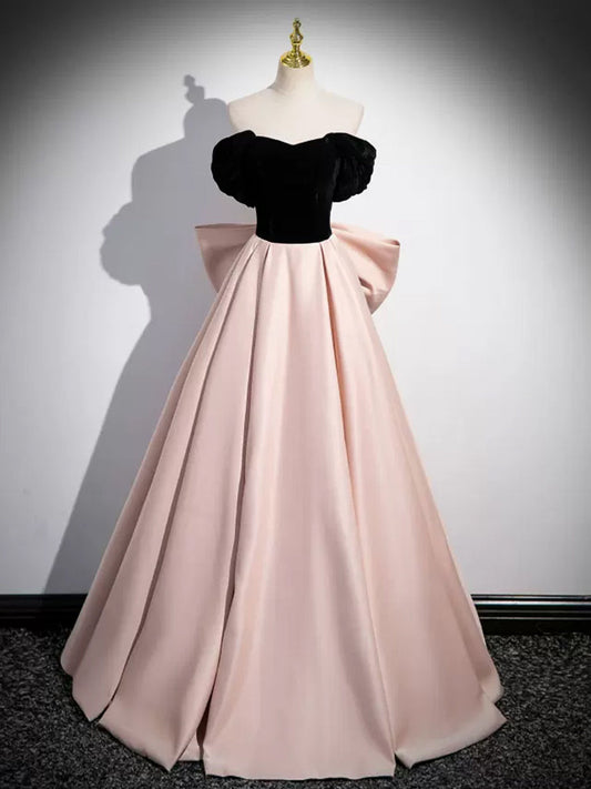 A-Line Off-Shoulder Satin Champagne Long Prom Dress Champagne Long Formal Dress