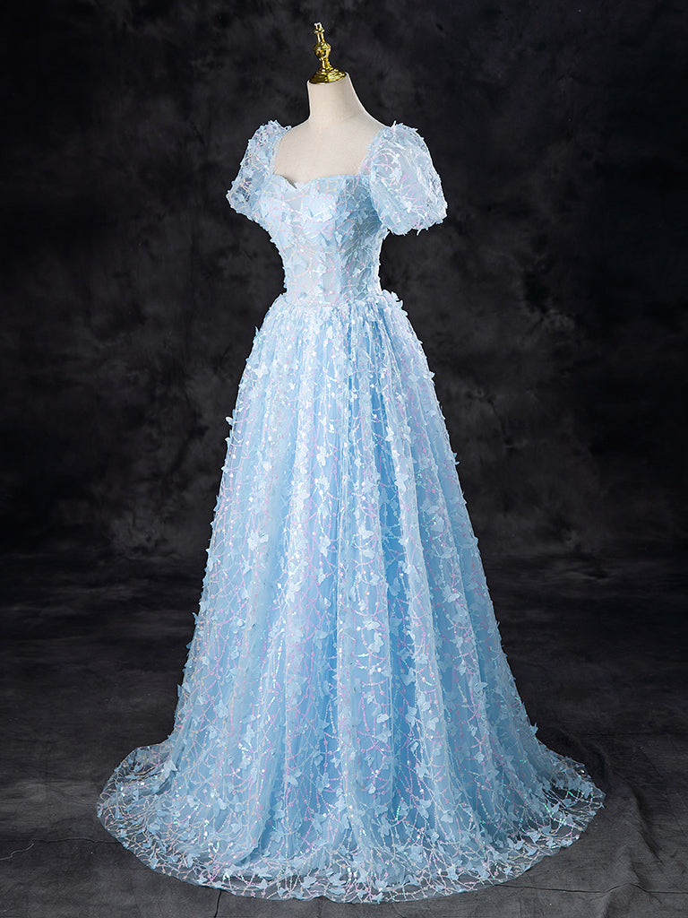 A-Line Tulle Sequin Lace Blue Long Prom Dress Blue Long Formal Dress