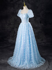 A-Line Tulle Sequin Lace Blue Long Prom Dress Blue Long Formal Dress