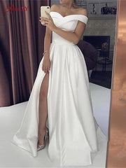 White Silky Off The Shoulder High Split Princess Wedding Dress