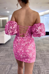 Zahra Dressystars  Hot Girly Pink Sequin Lace Strapless Short Dress with Detachable Sleeves