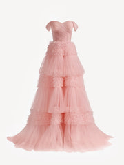 Dressystars Blush Princess A line Off Shoulder Ruffled Tulle Material Prom Dress